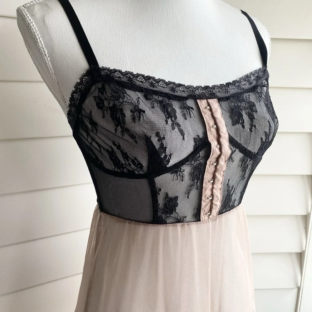 Pins & Needles Lace Mesh Slip Dress S Lingerie Black Nude Sheer Grunge Steampunk - Picture 3 of 11